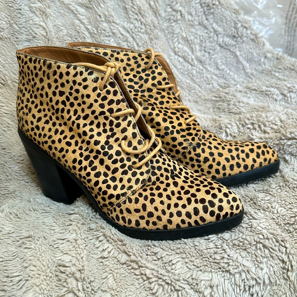 Like new Steve Madden ShoeMint cheetah haircalf lace-up heeled ankle booties